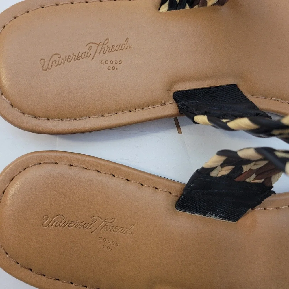 Universal Thread‎ Slide Sandals Women 8.5 Braided Straps Brown Tan Woven Flat